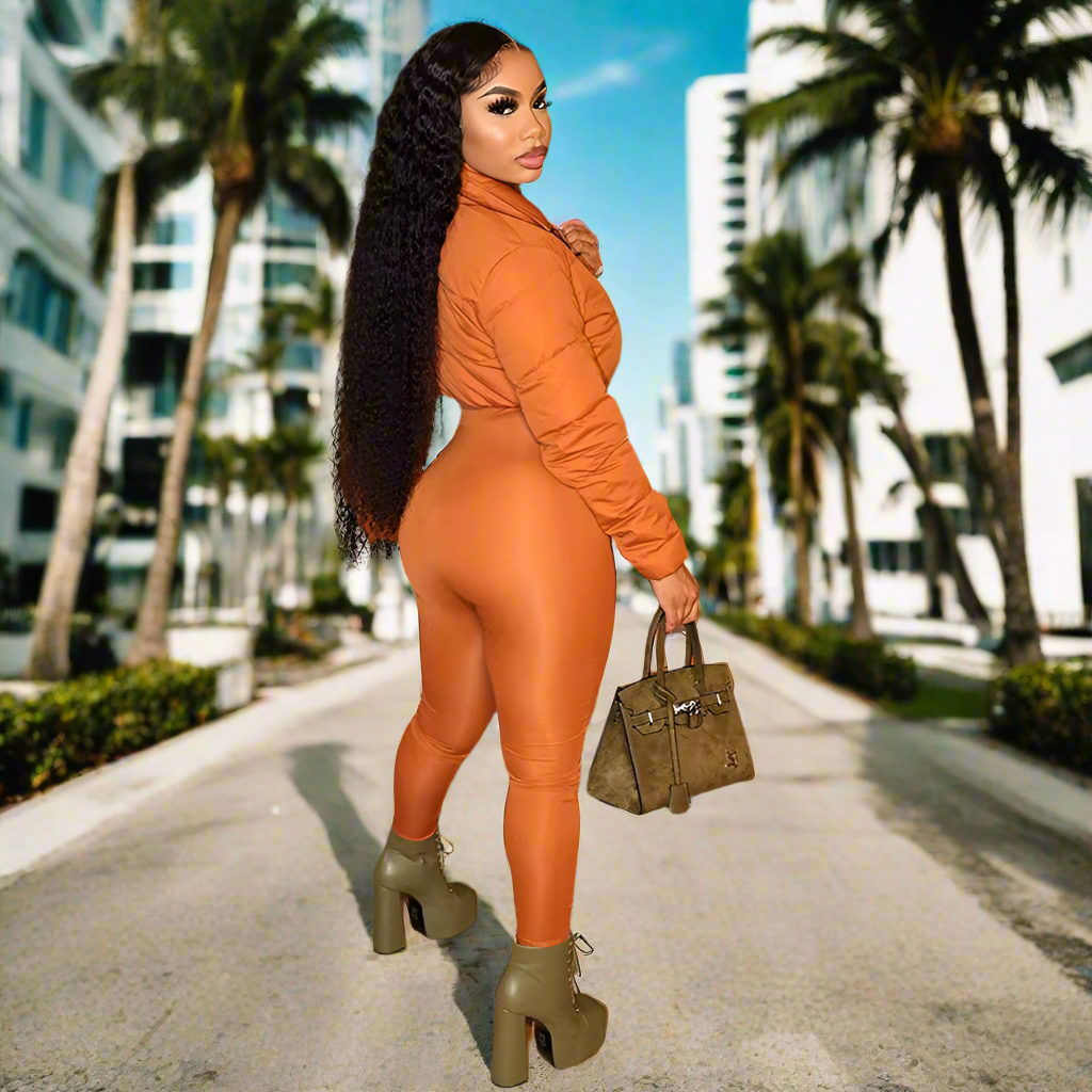 Neon Orange Puffer One Piece Jumpsuit Winter 100% Cotton • Women Breathable Jumpsuit