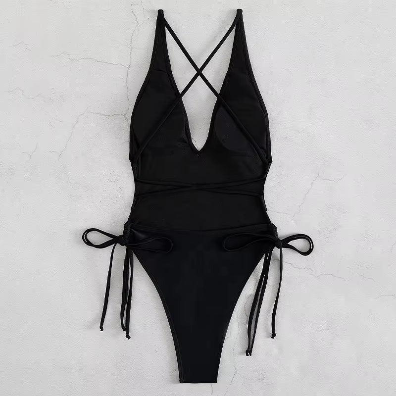2024 Custom Logo Girls Sexy Swimwear Bikinis Set Solid Color Beachwear Solid Color Tie V-Neck One Piece Swimsuit