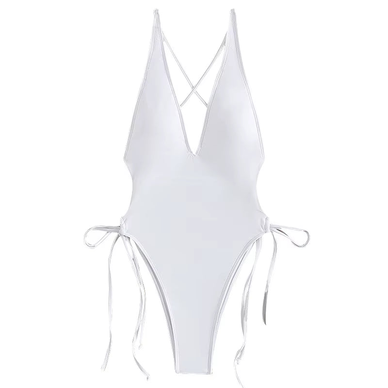 2024 Custom Logo Girls Sexy Swimwear Bikinis Set Solid Color Beachwear Solid Color Tie V-Neck One Piece Swimsuit