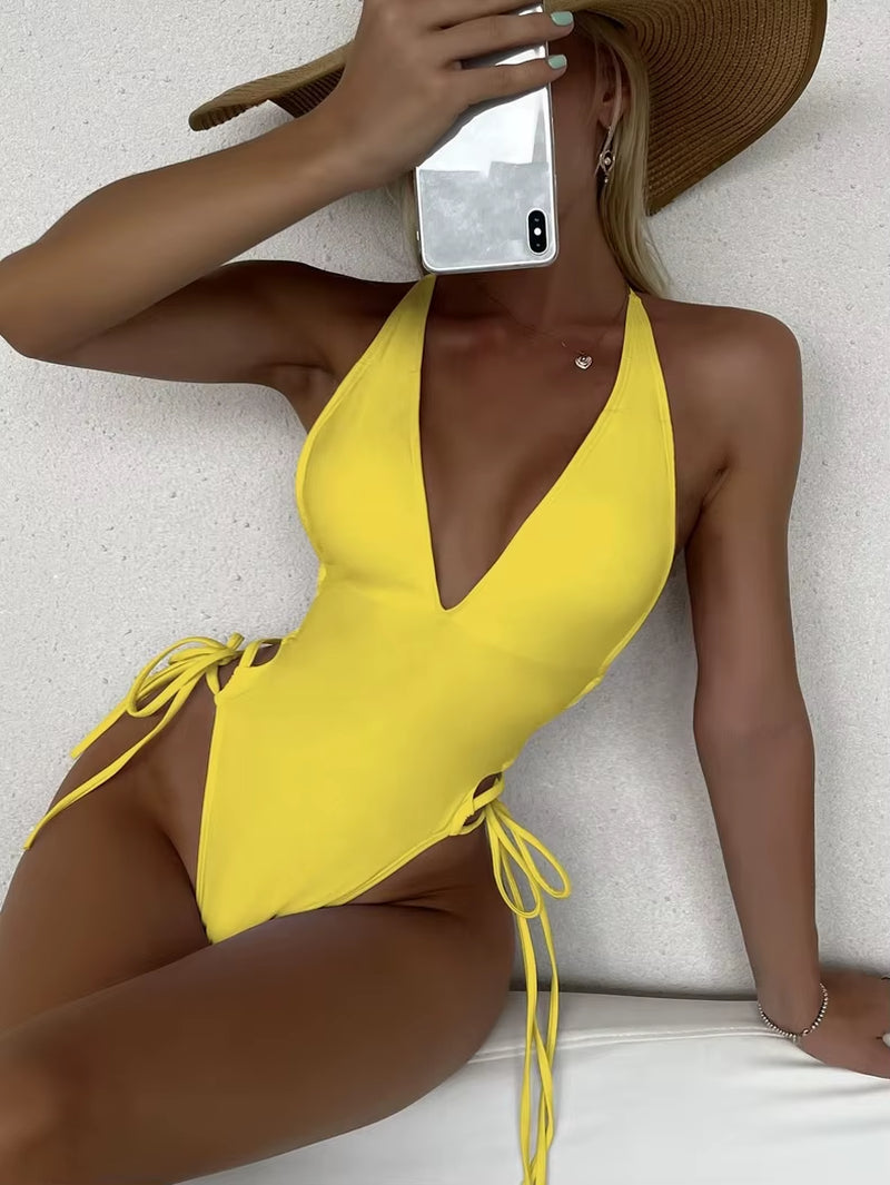 2024 Custom Logo Girls Sexy Swimwear Bikinis Set Solid Color Beachwear Solid Color Tie V-Neck One Piece Swimsuit