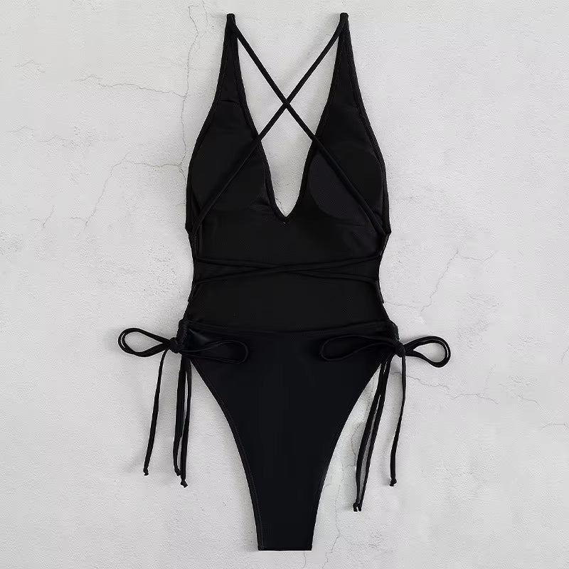 2024 Custom Logo Girls Sexy Swimwear Bikinis Set Solid Color Beachwear Solid Color Tie V-Neck One Piece Swimsuit