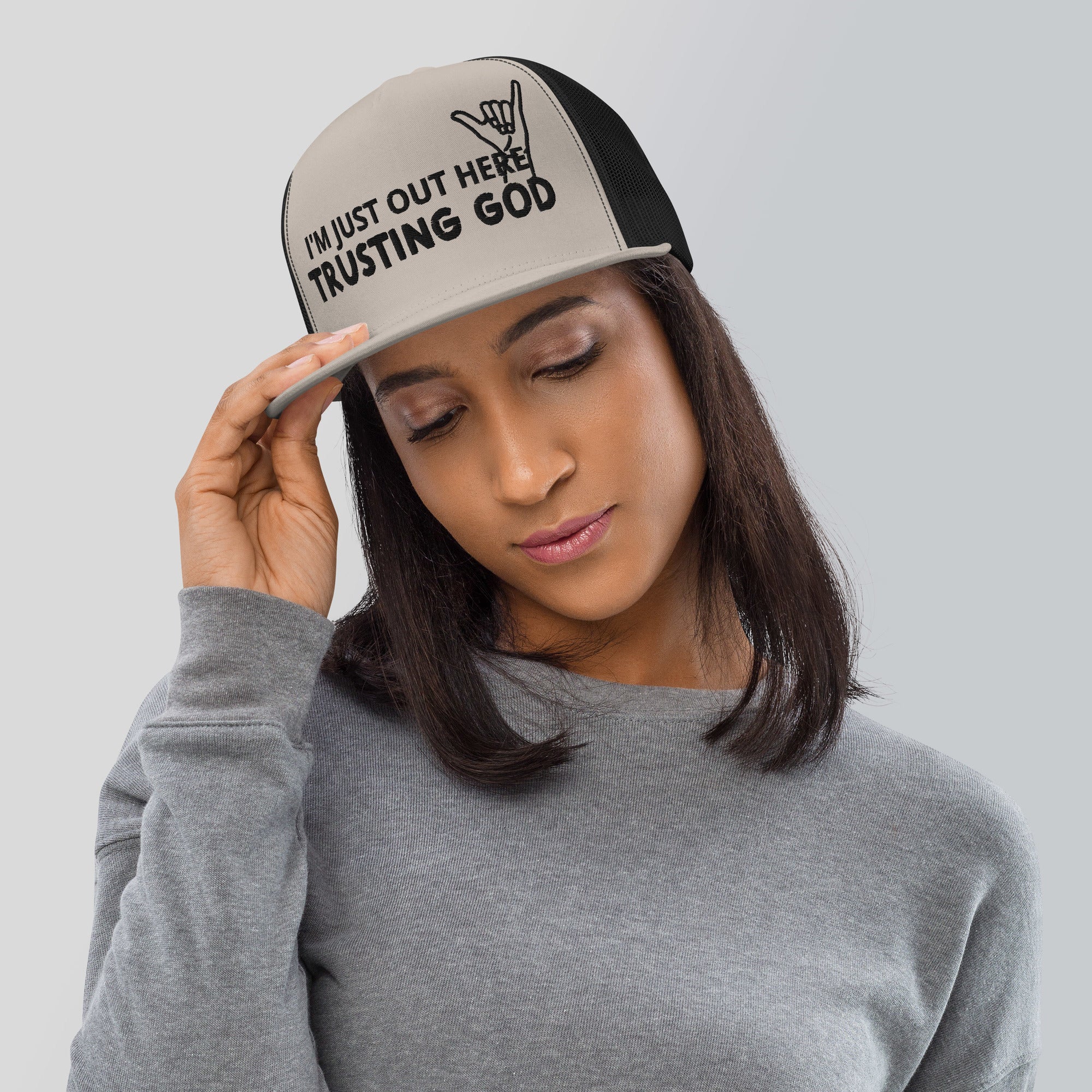 Trusting God Black Letters Trucker Cap