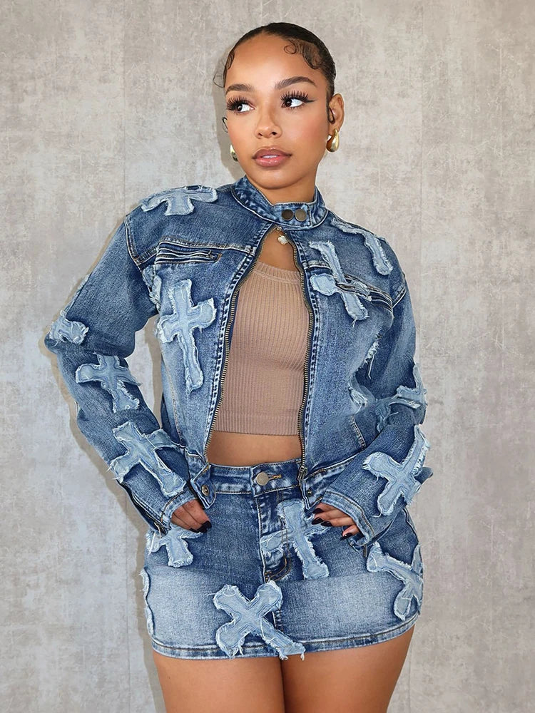 Denim Cross Skirt Set