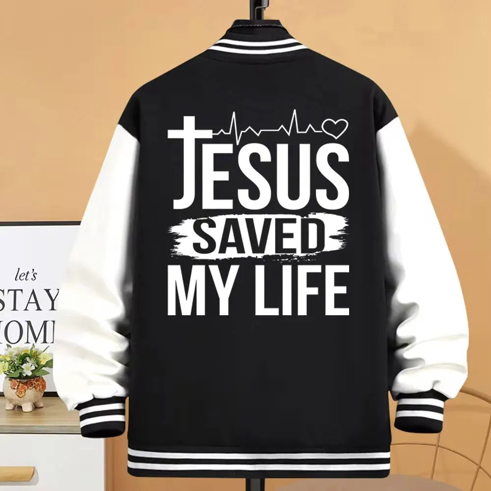 Jesus Saved My Life Varsity Jacket – Faith Streetwear Baseball Jacket