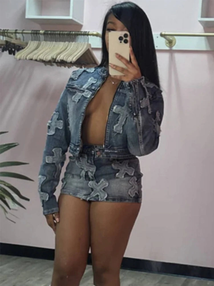 Denim Cross Skirt Set