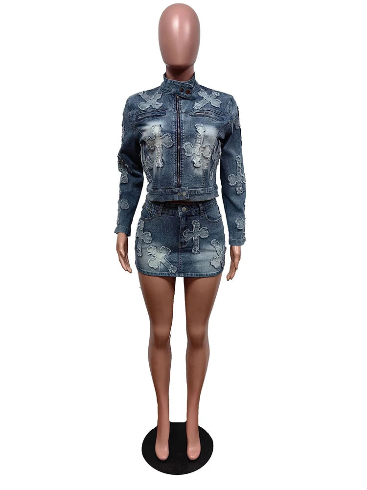Denim Cross Skirt Set