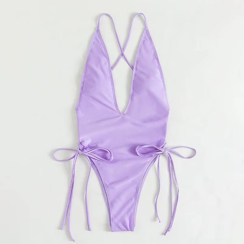 2024 Custom Logo Girls Sexy Swimwear Bikinis Set Solid Color Beachwear Solid Color Tie V-Neck One Piece Swimsuit