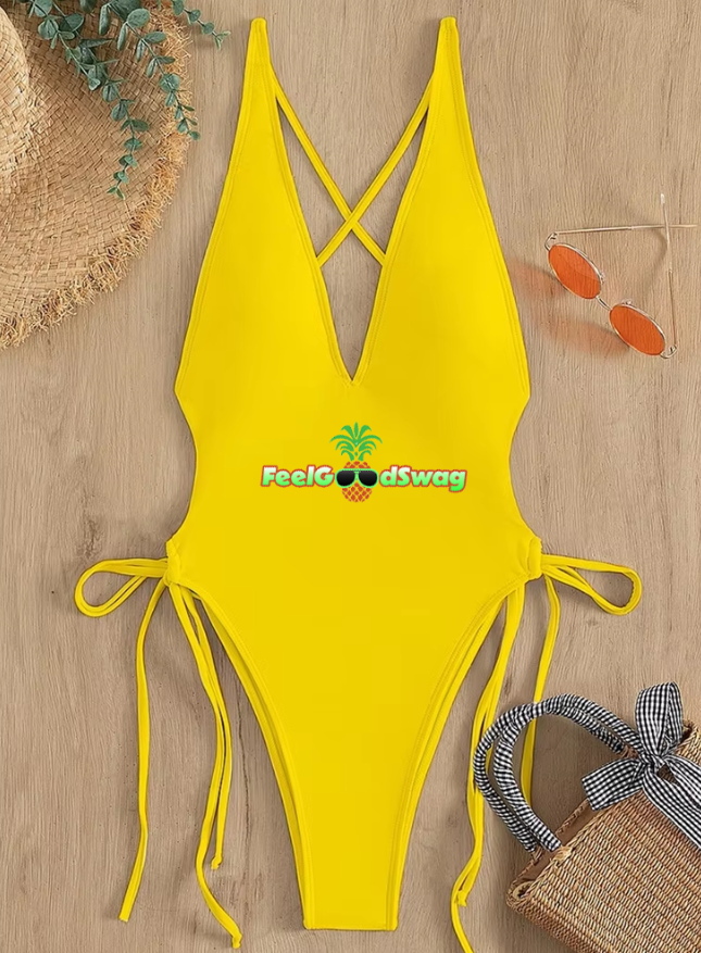 2024 Custom Logo Girls Sexy Swimwear Bikinis Set Solid Color Beachwear Solid Color Tie V-Neck One Piece Swimsuit