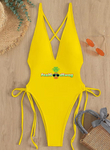 2024 Custom Logo Girls Sexy Swimwear Bikinis Set Solid Color Beachwear Solid Color Tie V-Neck One Piece Swimsuit