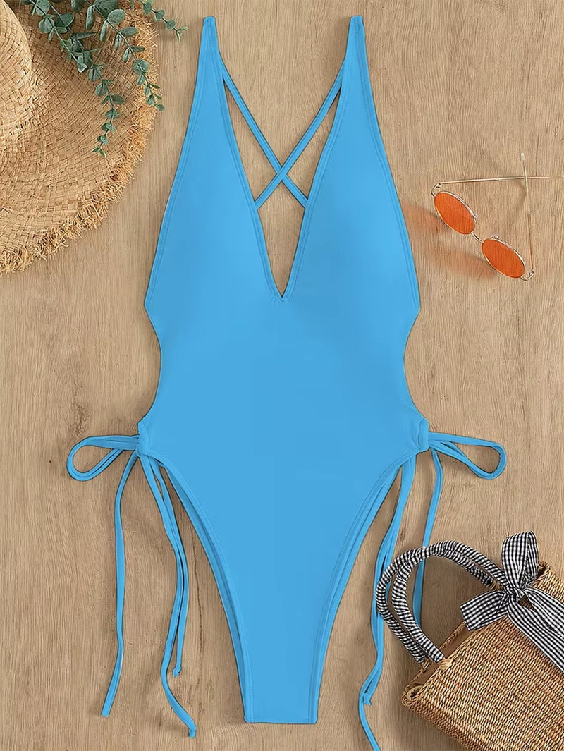 2024 Custom Logo Girls Sexy Swimwear Bikinis Set Solid Color Beachwear Solid Color Tie V-Neck One Piece Swimsuit