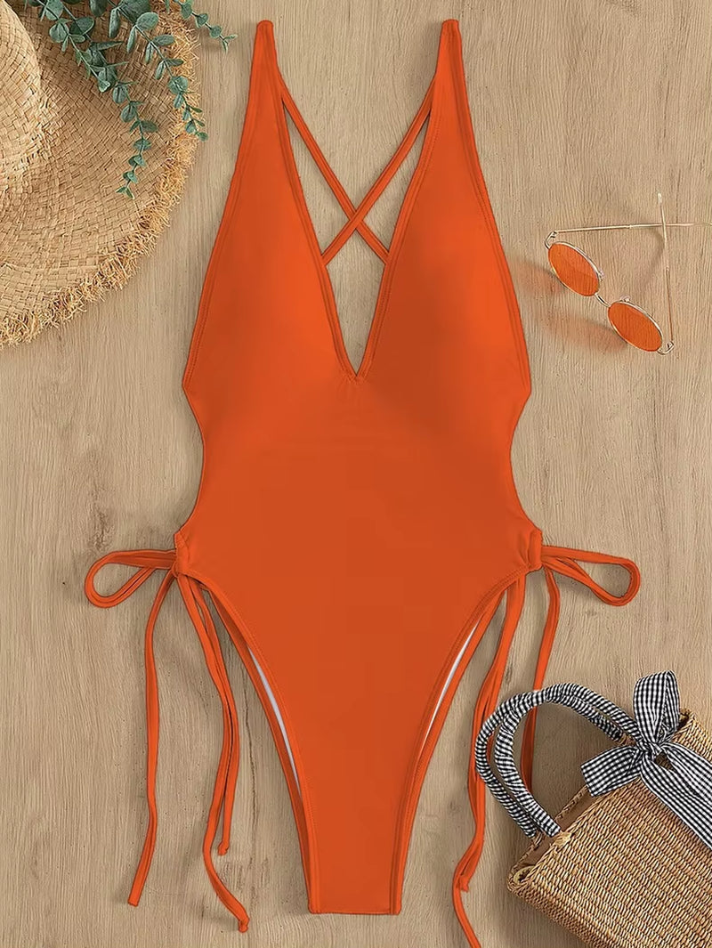 2024 Custom Logo Girls Sexy Swimwear Bikinis Set Solid Color Beachwear Solid Color Tie V-Neck One Piece Swimsuit